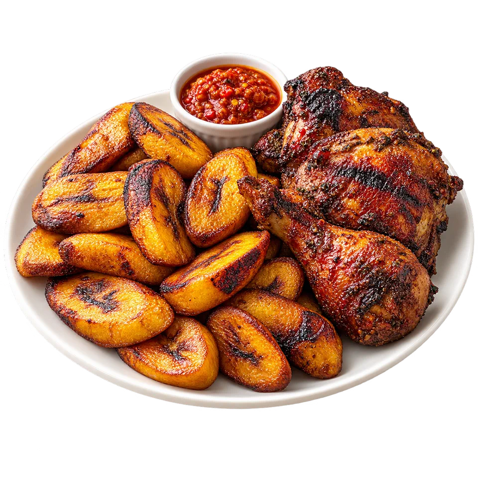 Grilled Plantain with Chicken or Fish & Chilli Sauce