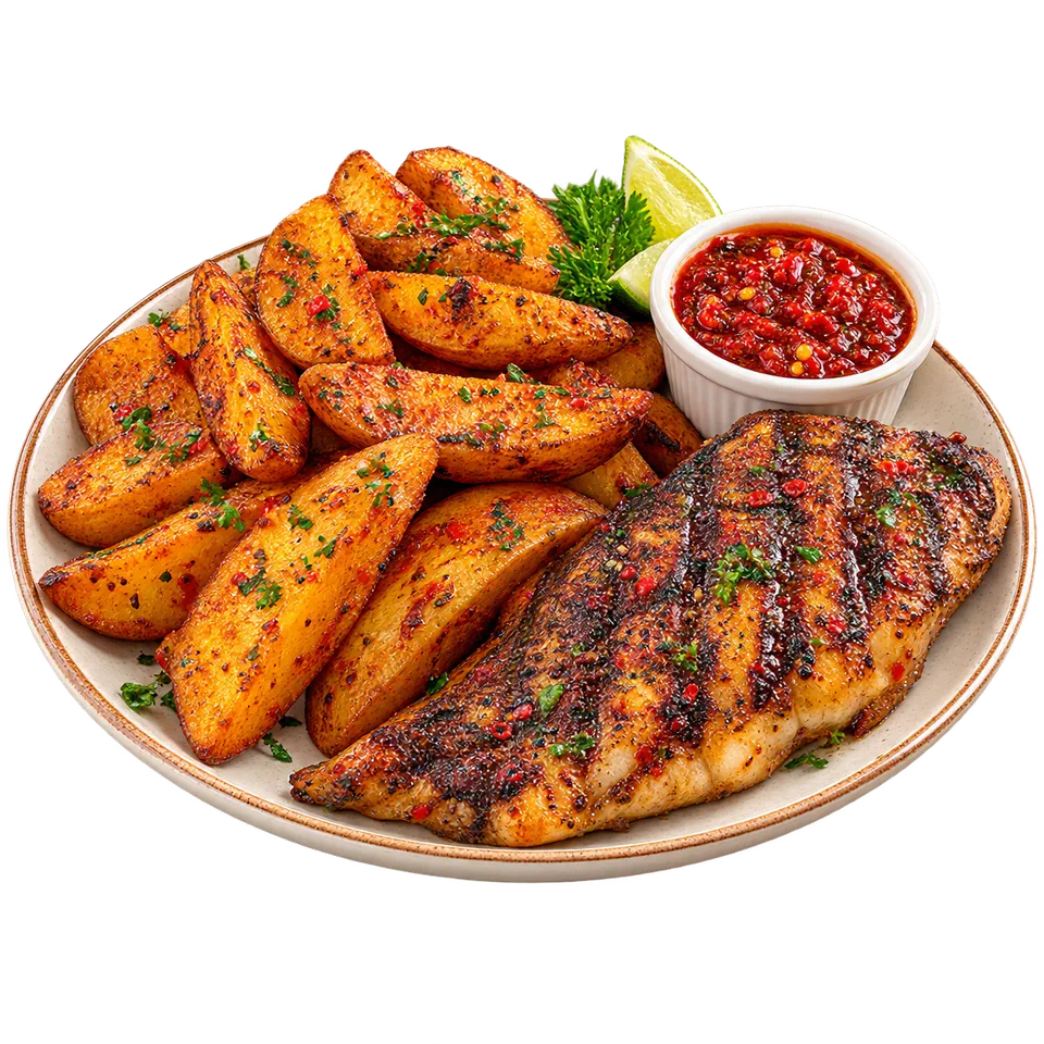 Grilled Potatoes with Chicken or Fish & Chilli Sauce
